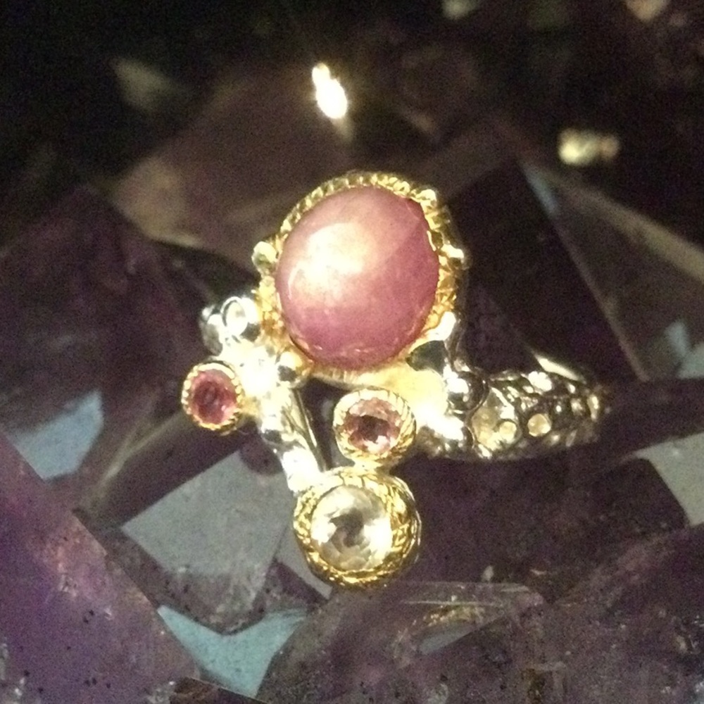 ⭐️Rare,  Star Ruby Cabochon, Pink Topaz & Aquamarine Ring⭐️ - Picture 13 of 14